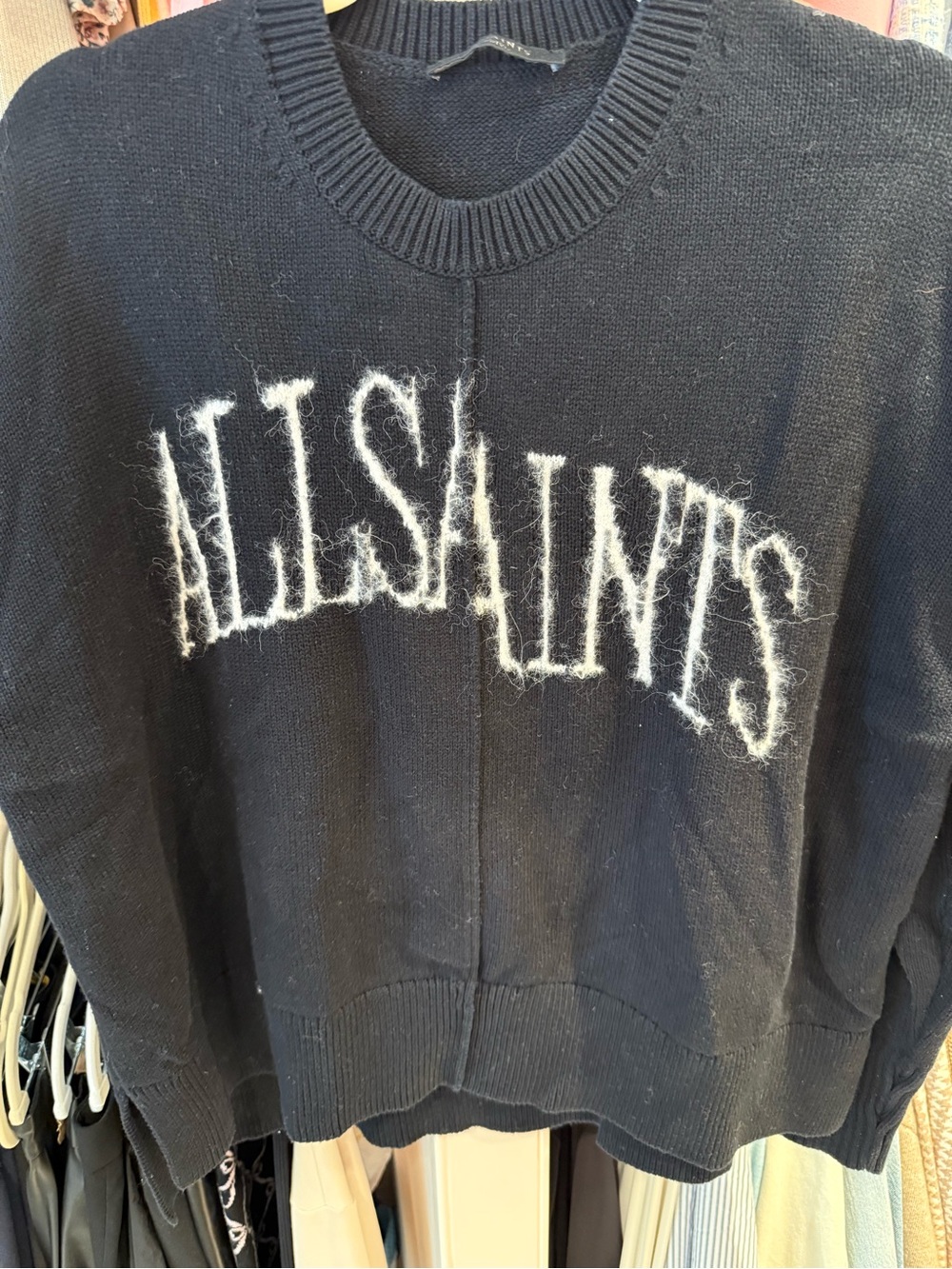 All Saints Black Crewneck Sweater with White Fuzzy Logo